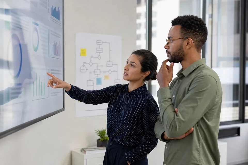 Product lead and software engineer reviewing a dashboard on a large monitor with a process flowchart on the wall