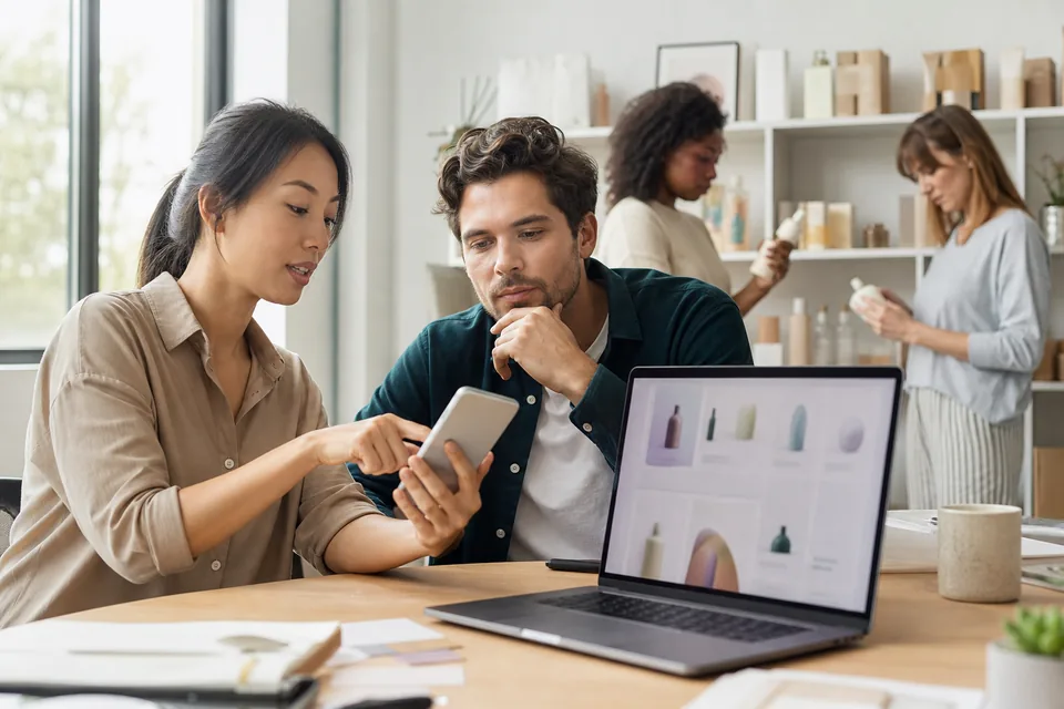 Ecommerce brand team reviewing a shopping app on a phone and a laptop in a studio with packaged products on shelves