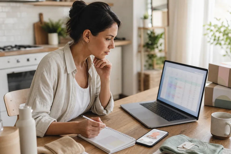 Ecommerce store owner planning a shopping app budget with a spreadsheet on a laptop and an app prototype on a phone