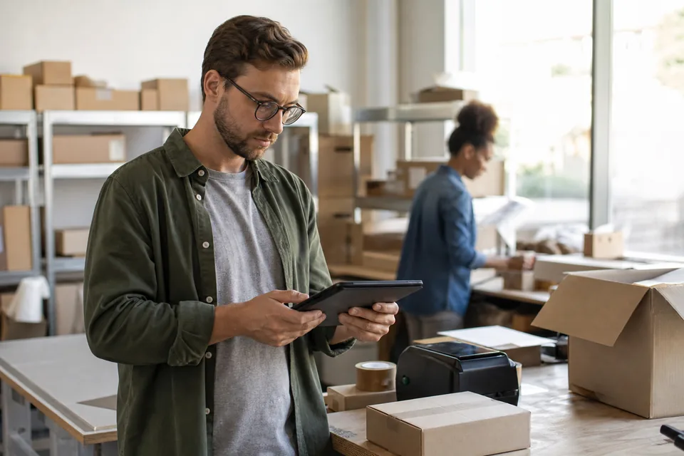 Operations manager checking online orders on a tablet next to packing tables with boxes and a label printer