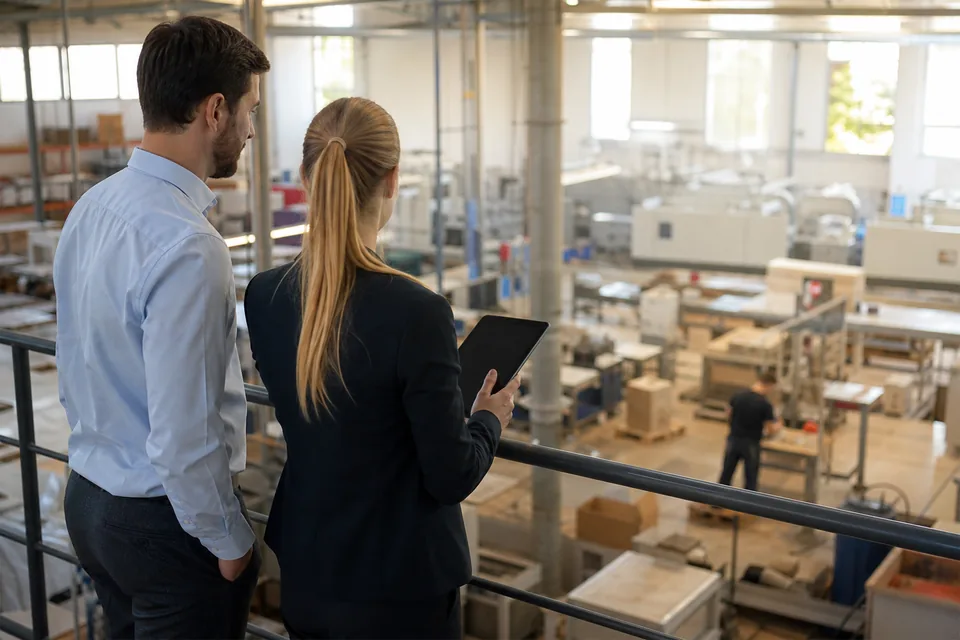 Operations director and finance controller overlooking a manufacturing floor while planning an ERP project