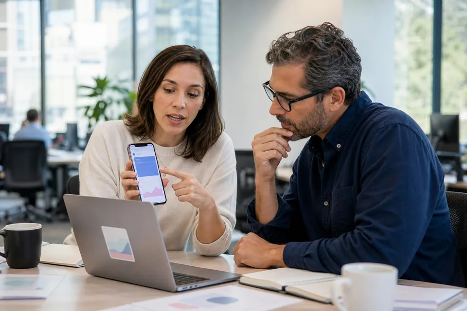 Product team reviewing a payments app on a phone and a laptop in a bright office