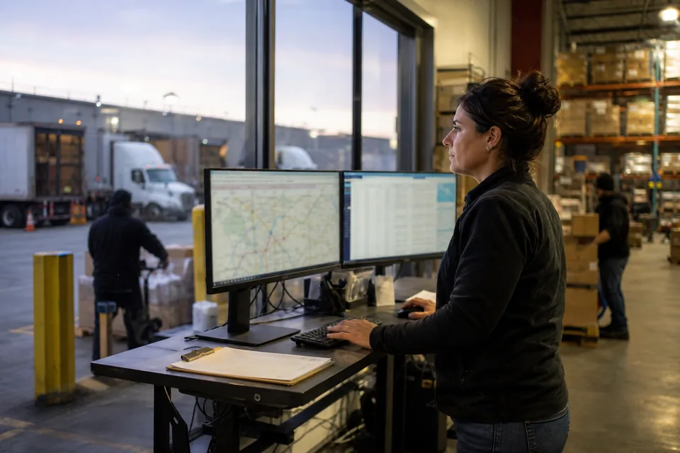 Dispatcher working at two monitors with route maps in a warehouse office next to the loading docks