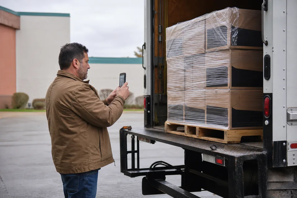Delivery driver photographing a pallet with a phone as proof of delivery next to a box truck