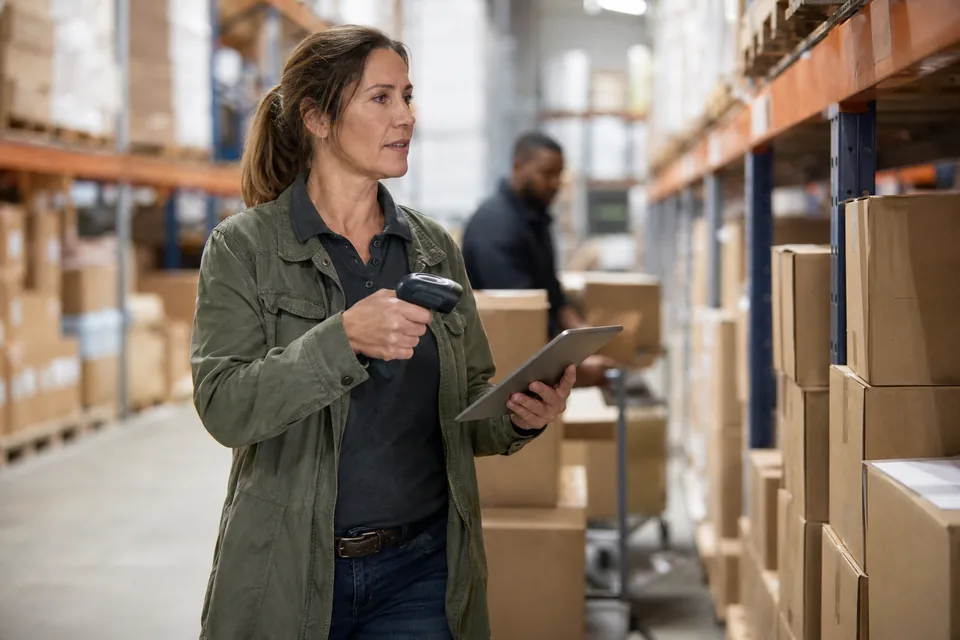 Warehouse operations manager with a handheld scanner and tablet in a pick aisle between pallet racks